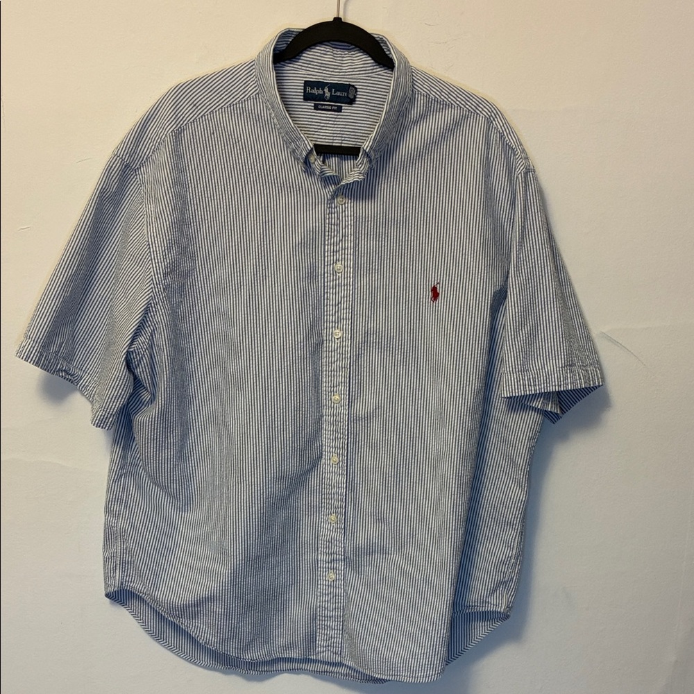 EUC Vintage Ralph Lauren Blue and White Striped Short Sleeve Button-Down Shirt
